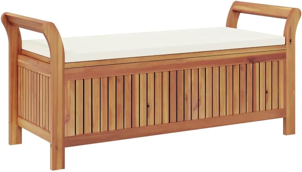 Solid Acacia Wood Garden Storage Bench with Cream White Cushion, 49.6 Inch Outdoor Bench with Storage for 2 People, Patio Seat with Lid and Polyester Cushion