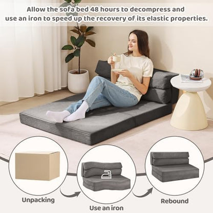 JUIKURY Folding Sofa Bed, Convertible Sleeper Chair with Pilow Foldable Matress, 2 in 1 Pull Out Loveseat Sofa Portable Fold Out Chair Bed Floor Couch Lounge for Living Room Bedroom (Grey, Queen)