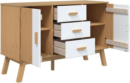 White and Brown Solid Pine Wood Sideboard with Multiple Drawers and Doors for Dining Room Living Room Hallway Storage Modern Scandinavian Design