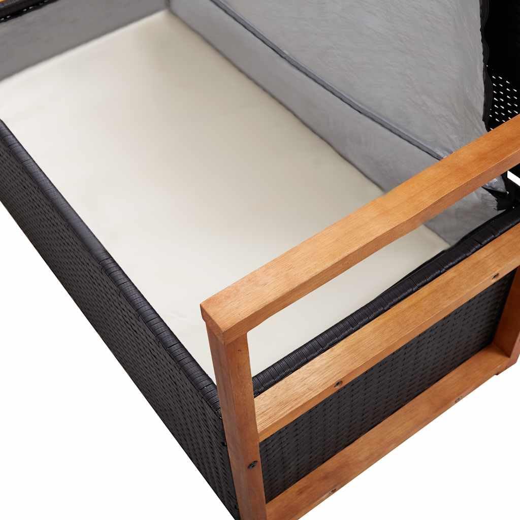 Poly Rattan Outdoor Storage Bench with Solid Acacia Wood Armrests and Backrest, Large Hidden Storage Space, Thick Removable Seat Cushion, Black