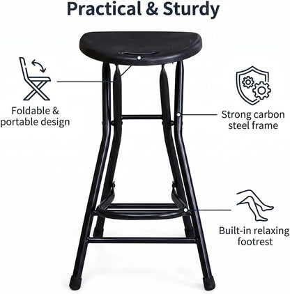 Black Adult Folding Stool with Handle and Foldable Pole Stool, 28 inch Folding Stool, Weighing 200 pounds, Foldable Heart-Shaped Folding Counter high Stool, Camping Kitchen Chair,