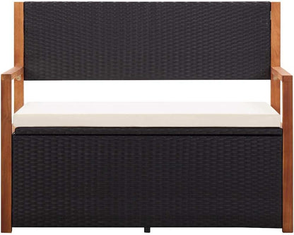 45.3" Storage Bench for Patio Garden, Poly Rattan Outdoor Bench with Large Storage Box and Solid Acacia Wood Accents, 2-Seat Deck Furniture with Comfortable Cushion, Black