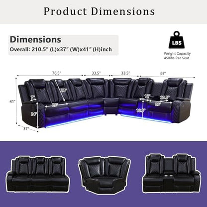 A Ainehome Power Recliner Set, Leather Sectional Sofa Set for Living Room, Home Theater, with LED Lights, Cup Holder, Hide-Away Storage, Wireless Charging(A-Black)