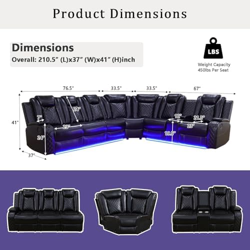 A Ainehome Power Furniture Reclining Sectional Sofa Set, Living Room Power Recliner Adjustable Sofa, Loveseat and Chair with USB Chargers/Storage Console for Living Room/Office(A-Black)