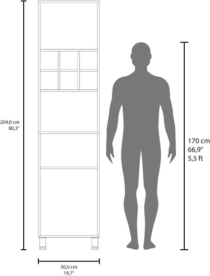 White Kitchen Pantry with Pneumatic Door and Open Storage | Pneumatic door for smooth opening and concealed storage space