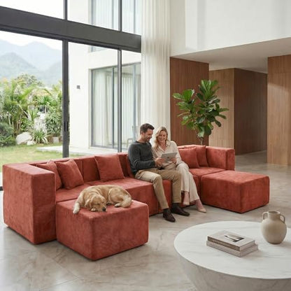 MONVANE U Shaped Sectional Couch Oversized, Chenille, Rust Red | 6-Seat Sectional Couch for Living Room, Modular Cloud Sofa with Ottoman & 6 Throw Pillows, No Assembly Required