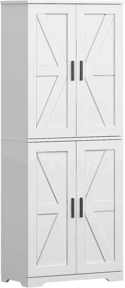 Farmhouse Storage Cabinet with 4 Door, Kitchen Pantry Storage with 4 Adjustable Shelves Wooden Cupboard for Kitchen, Dining Room, Living Room, Bathroom (White)