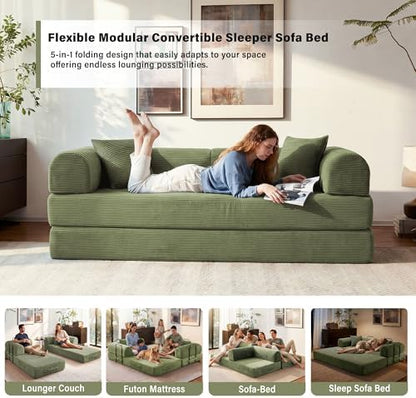 79" Convertible Sofa Bed, Sleeper Futon Couch for Living Room | 5-in-1 Sleeper Sofa, Pull Out Couches with Soft Corduroy, No Assembly Required, Apartment Friendly, Light Green