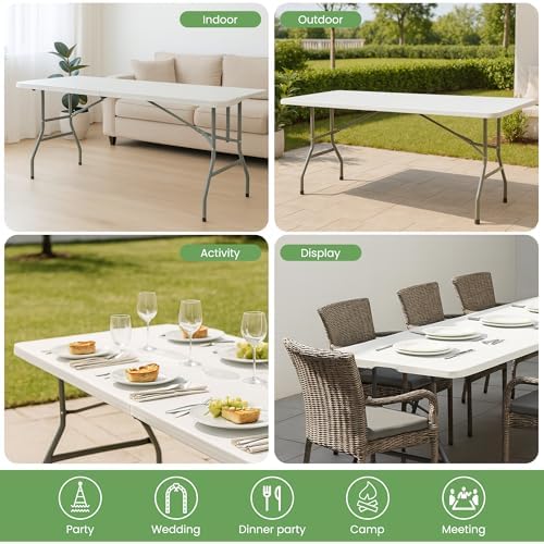 6FT White Plastic Folding Table Heavy Duty Tables Set of 5 | HDPE Tabletop Fold-in-Half Portable Utility Foldable Carrying Handle for Party Picnic Dining Office Event Indoor & Outdoor