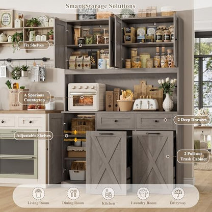 HOSTACK 71" Kitchen Pantry with 12.5 Gallon Double Trash Can Cabinet, Grey | Farmhouse Garbage Can Cabinet with Pull Out Trash Can Storage, 47"W Kitchen Hutch with Hidden Garbage Storage for Dining Room