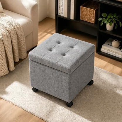 Homebeez 18" Square Storage Ottoman with Wheels, Tufted Linen Cube | Rolling Ottoman with Storage, Coffee Table Ottoman for Couch, Modern Footrest for Living Room Bedroom, Grey