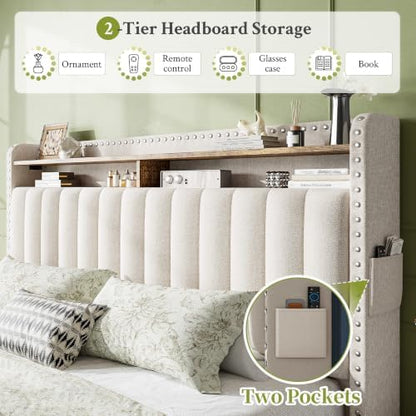 EnHomee King Size Bed Frame with 2 Drawer & 2-Tier Storage Headboard Shelf