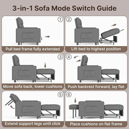 Gizoon Convertible Sofa Bed Modern Couch Bed & Small Loveseat Sleeper, Grey | 3 in 1 Pull out Couch, Space-Saving Design, 5-Position Adjustable Futon Sofa Bed for Living Room, Apartment, Guest Room