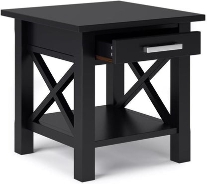Pemberly Row Solid Wood End Table with Storage, Black Finish, 20.5" W x 20.5" D x 20" H, One Drawer and Shelf, Square Contemporary Design, Living Room or Bedroom Side Table