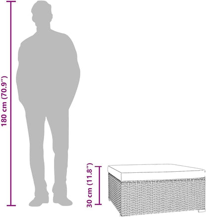 Patio Footrest with Cushion, 27.6x27.6x11.8 Inches Poly Rattan Ottoman, Black Steel Frame Footstool for Outdoor Use