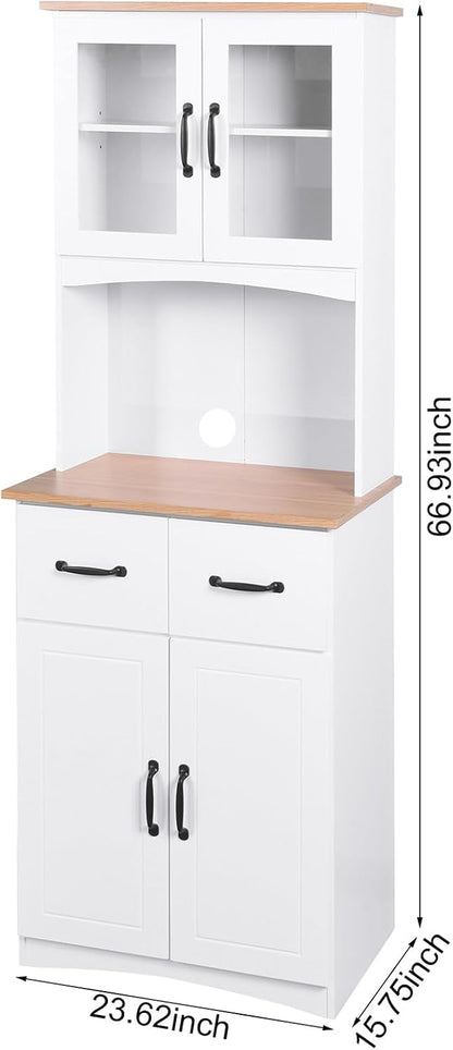 Kitchen Pantry Cabinet with Glass Doors, 66.93" Tall Kitchen Hutch Bar Cabinet with Microwave Stand Farmhouse Wood Storage Cabinet with 2 Drawers and Shelves Cupboard for Dining Room, 66.93" H