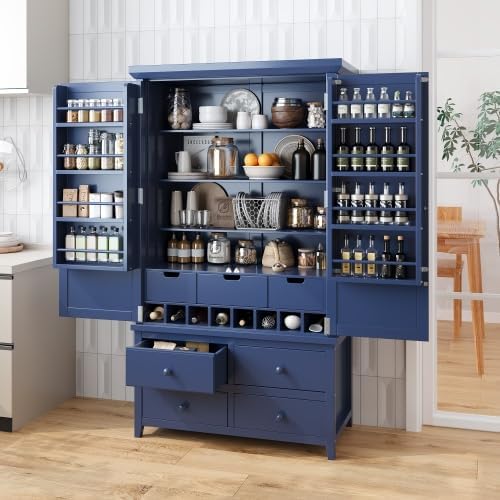 71.1 Inch Tall Kitchen Pantry Cabinet with 8 Door Shelves and 3 Adjustable Shelves, Large Kitchen Pantry with 7 Drawers and 8 Wine Racks, for Kitchen, Living Room, Blue