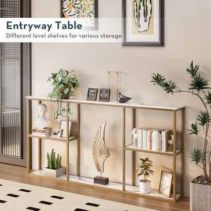 WOHOMO 63 in Entryway Table Modern Sofa Table with Shelves White Gold | 12 Inch Narrow Console Table for Living Room, 63" Hallway Table for Corridor, with 3-Tier Storage