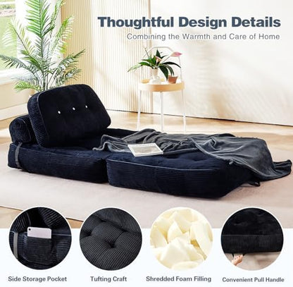 Folding Futon Sleeper Sofa Bed Chair, No Assembly, Black 3 | Dual-layer flannel corduroy| Anti-collapse foam| Pillow and blanket included| Side pockets| Ergonomic for lounging