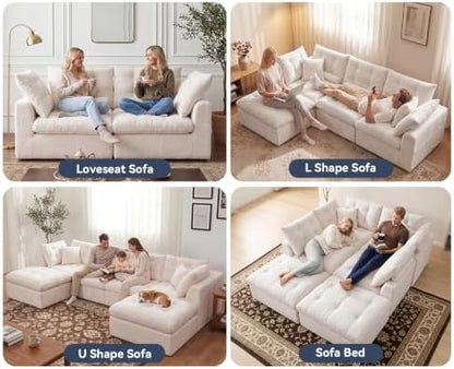 110" Oversized Cloud Sectional Couch, Modular Chenille L-Shaped Compressed Sofa with Ottoman & 3-in-1 Multi-Purpose Pillow, 3 Seater Memory Foam Couches for Living Room, Beige