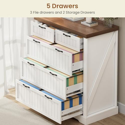 SEDETA Farmhouse File Cabinet with 5 Drawers, Filing Cabinet for Home Office, Wood Office File Cabinets for Letter/Legal/A4 Size, File Cabinets with Printer Stand, White and Brown