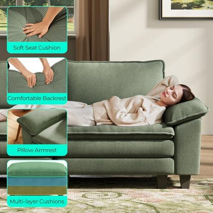 LINSY HOME 123'' Modular Sectional Sofa 3 Seat Couch Corduroy Cloud Couch with Deep Seat, Modern L-Shaped Cloud Couch with 1 Movable Ottoman for Living Room, Office, Bedroom, Green