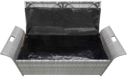 Poly Rattan Patio Storage Bench with Cushion, 54.3" Waterproof PE Outdoor Bench with Large Storage Space and Removable Polyester Cover, Gray