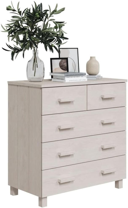 White Sideboard Buffet Cabinet, Solid Pine Wood and MDF Dining Room Credenza with 5 Drawers and Sliding Doors, Modern Accent Storage Cabinet for Living Room and Foyer