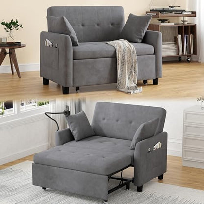 3 in 1 Convertible Pull Out Sleeper Couch Sofa Bed, Grey | Small Sleeper Sofa with Pillow, Adjustable Backrest Futon loveseat, Velvet Love Seat and Phone Holder for Living Room