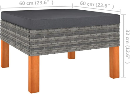vidaXL Patio Ottoman, Outdoor Footstool, Footrest with Cushion, Wicker Ottoman for Garden Porch Backyard, Rustic, Solid Eucalyptus Wood PE Rattan