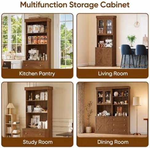 71" Farmhouse Kitchen Pantry Cabinet with Drawers, Set of 4 – Dark Brown Freestanding Coffee Bar Hutch with Adjustable Shelves, Large Storage Cabinet with Microwave Stand for Living Room & Kitchen