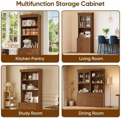71" Farmhouse Kitchen Pantry Cabinet with Drawers, Set of 4 – Dark Brown Freestanding Coffee Bar Hutch with Adjustable Shelves, Large Storage Cabinet with Microwave Stand for Living Room & Kitchen