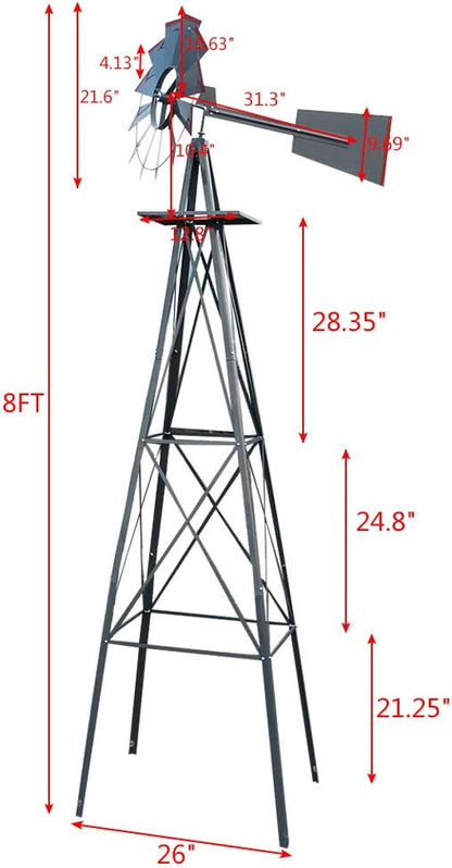 Garden Windmill for Yard Decor, 8 ft Tall Metal Windmill with Spinning Blades, Weather-Resistant Outdoor Windmill for Lawn, Farmhouse, Rustic & Farm Decor, Grey