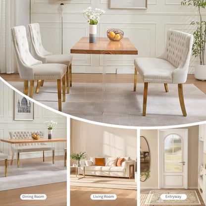 Beige Velvet Dining Bench with Back, Tufted Banquette Seating, Gold Legs | Upholstered loveseat bench; tufted back; nailhead trim; 500 lb capacity; foam and spring seat; dining room or entryway