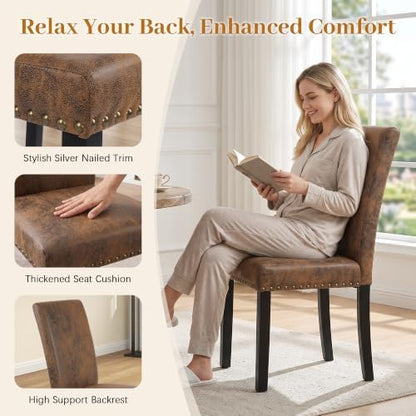 Dining Chairs Set of 4, Vintage Brown Kitchen Chairs with Nailhead Trim | Comfy Padded Parsons Chairs with Solid Wood Legs, Suitable for Dining Room, Kitchen, Restaurant