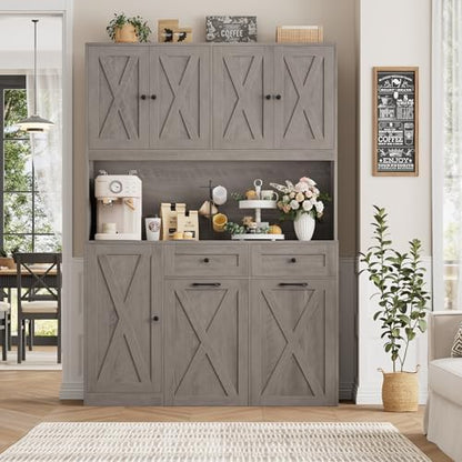 HOSTACK 71" Kitchen Pantry with 12.5 Gallon Double Trash Can Cabinet, Grey | Farmhouse Garbage Can Cabinet with Pull Out Trash Can Storage, 47"W Kitchen Hutch with Hidden Garbage Storage for Dining Room
