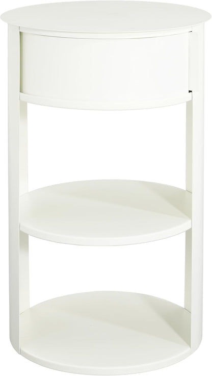 Christopher Knight Home Pomme 3-Tier Metal Small Side Table, Narrow Bedside Table with Sliding Door Cabinet, Bedroom Decoration Organizer, Round End Table with Storage, Space Saving, Matte White