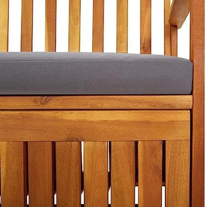 67 Inch Outdoor Storage Bench with Cushion, Solid Acacia Wood Black and Brown Patio Seat for Three, Modern Garden Storage Box for Cushions and Tools