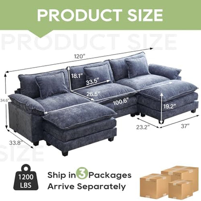 Oprisen 120" Modular Sectional Sofa, Comfy Deep Cloud Couch with Ottoman | U-Shaped Couches for Living Room, Modular Couch, Deep and Wide Seat, Chenille Sofa Sleeper with Throw Pillows, Blue