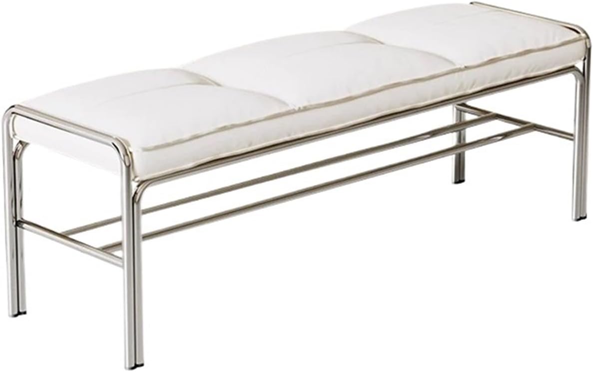 Modern Stainless Steel Long Bench with White Leather Cushion Home-use Soft-Padded Shoe Changing Stool Entryway(XS)