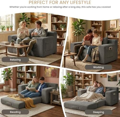 Loveseat Sofa Bed, Tri-Folding Convertible Futon Sleeper with Handle & Side Pockets, 54'' Couch with Hook and Loop No Assembly for Small Space,Living Room & Bedroom