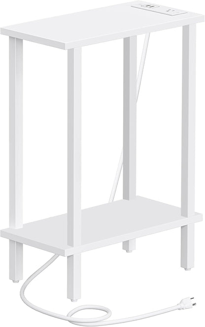 TUTOTAK Small End Table with Charging Station, Narrow Side Table with USB Ports and Outlets, Skinny Sofa Table, Slim Nightstand, Living Room, Bed Room, White TB01BW060