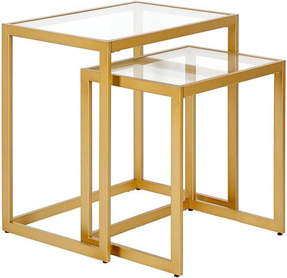MAKLAINE Contemporary Metal/Tempered Glass Side Table, 22 in, Brass Finish, Handcrafted Steel Frame, Rectangle Shape, Set of 2, Living Room Accent Table