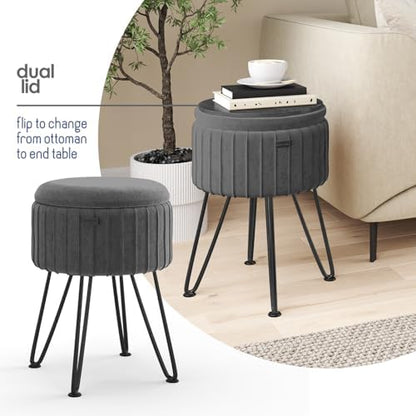 Round Ottoman with Storage, Pleated Velvet Storage Ottoman, Foot Stool Ottomans, Makeup Vanity Stool, Small Ottomans Foot Rest, Modern Vanity Stools for Living Room and Bedroom, Grey