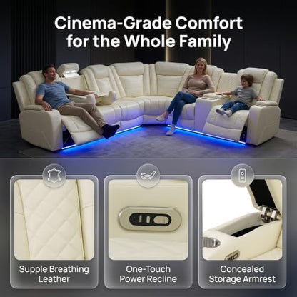 A Ainehome Leather Power Furniture Reclining Sectional Couch, Living Room Power Recliner Adjustable Sofa, Loveseat and Chair with Storage Console for Living Room/Office(Off-White)
