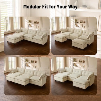 Amsleekey 111.5" U Shaped Modular Sectional Sofa, Beige Corduroy | Cloud Couch for Living Room, 3 Seater Deep Seat Convertible Sleeper Sofa with 2 Movable Ottomans and 2 Leg Height Options