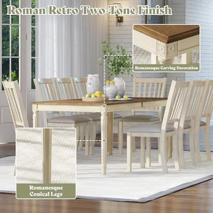 AMERLIFE 9 Piece Farmhouse Dining Table Set with 79" Table, Cream | Solid Rubberwood Frame, 8 Chairs Included, Farmhouse Design, Upholstered Seating, Rustic Cream Finish