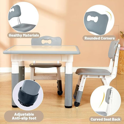 FUNLIO Kids Table and 4 Chairs Set and Adjustable Kids Chair (2pcs)，Easy to Wipe Arts & Crafts Table, for Classrooms/Daycares/Homes, CPC & CE Approved (5-Piece Set) - Gray