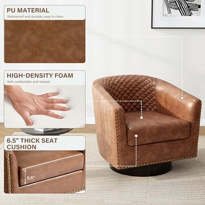 Pia Ricco Swivel Barrel Accent Chairs Set of 2, 360° Swivel Round Single Sofa Chair, Faux Leather Comfy Upholstered Club Armchair with Nailhead Trim for Living Room/Reading Room/Bedroom, Brown