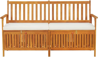 Outdoor Storage Bench with Cream Cushion, 67 Inch Acacia Wood Patio Entryway Furniture, Garden Deck Box with Seating and Padded Cushion, Brown